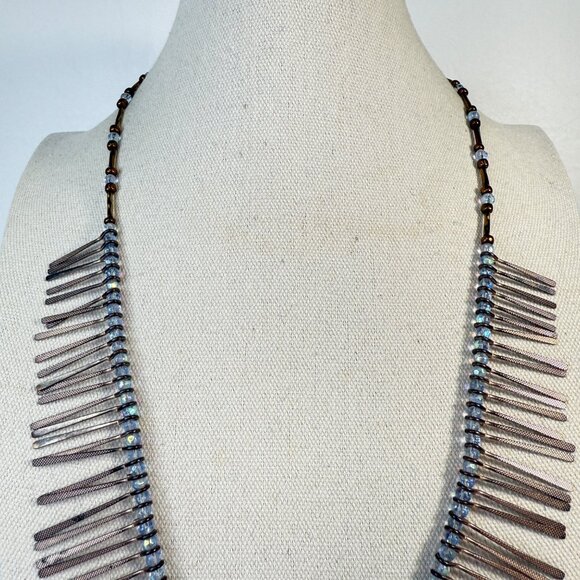 Cleopatra Fringe Necklace Silver Tone Blue Beads Long Length Statement - Picture 6 of 8